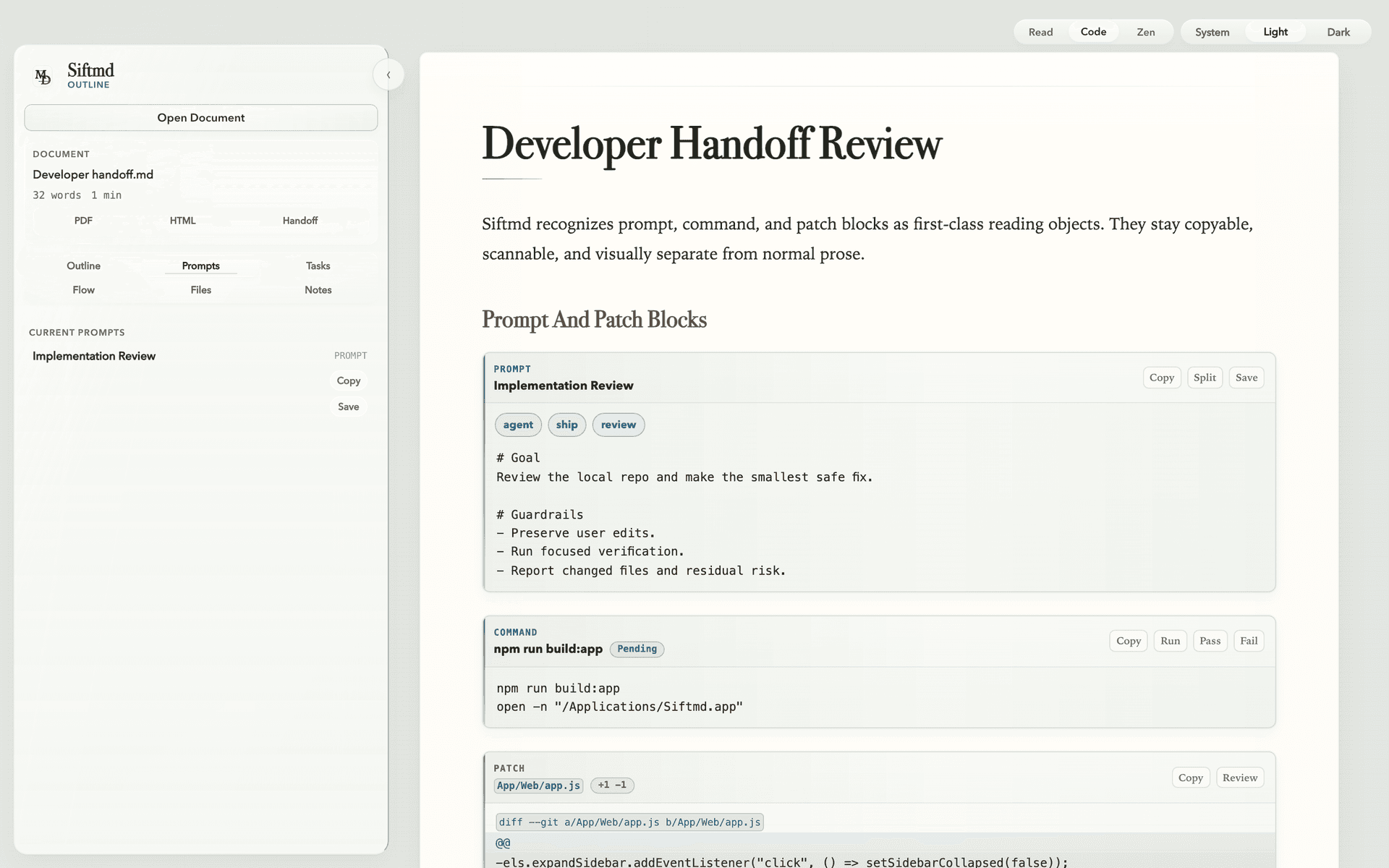 Siftmd code and prompt blocks