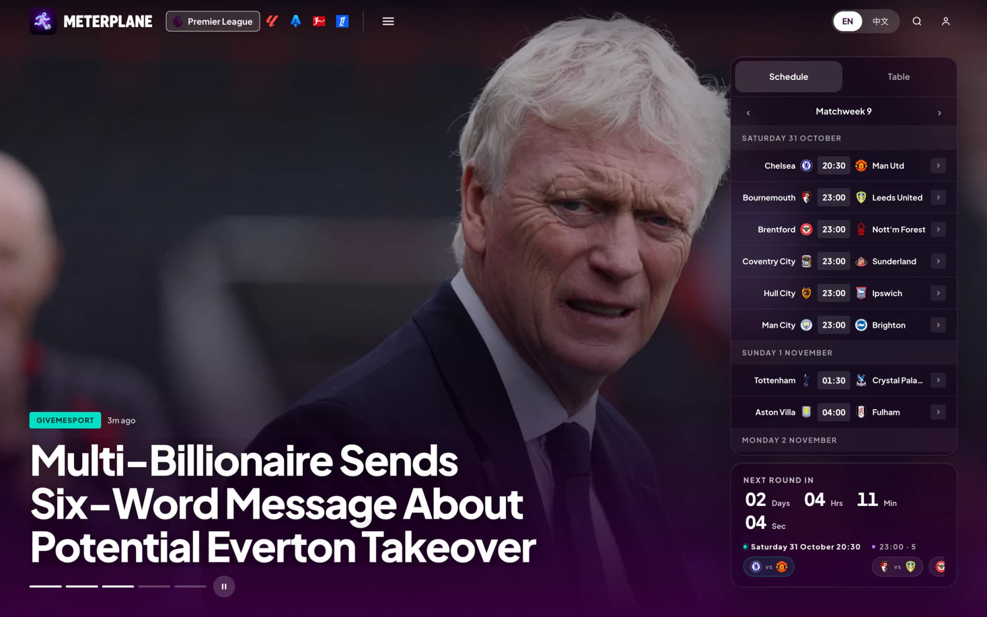 The meterplane.com front page: the lead story and this week's Premier League fixtures