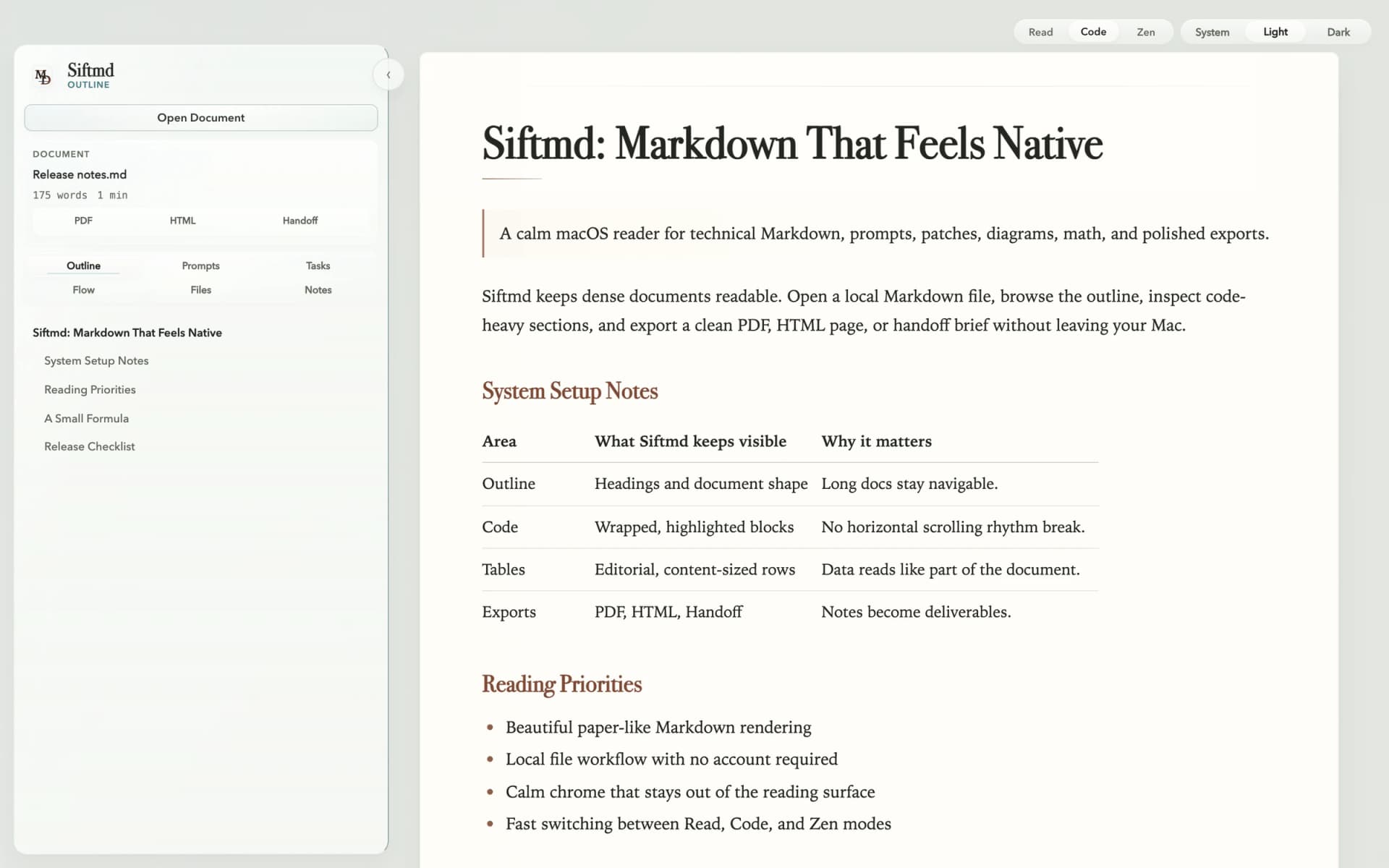Siftmd reader with document outline